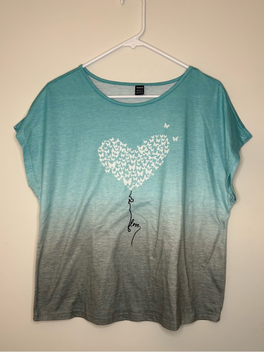 SHEIN Teal to Gray Ombre Butterfly Heart Balloon Short Sleeve Tee Womens M